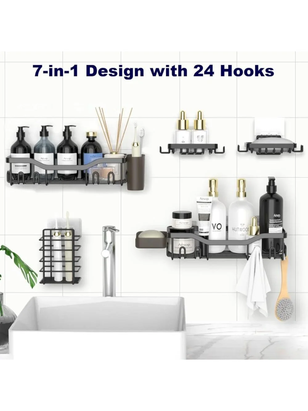 New 7 Pack Adhesive Shower Caddy Stainless Steel Organizer 24 Hooks No Drill Set